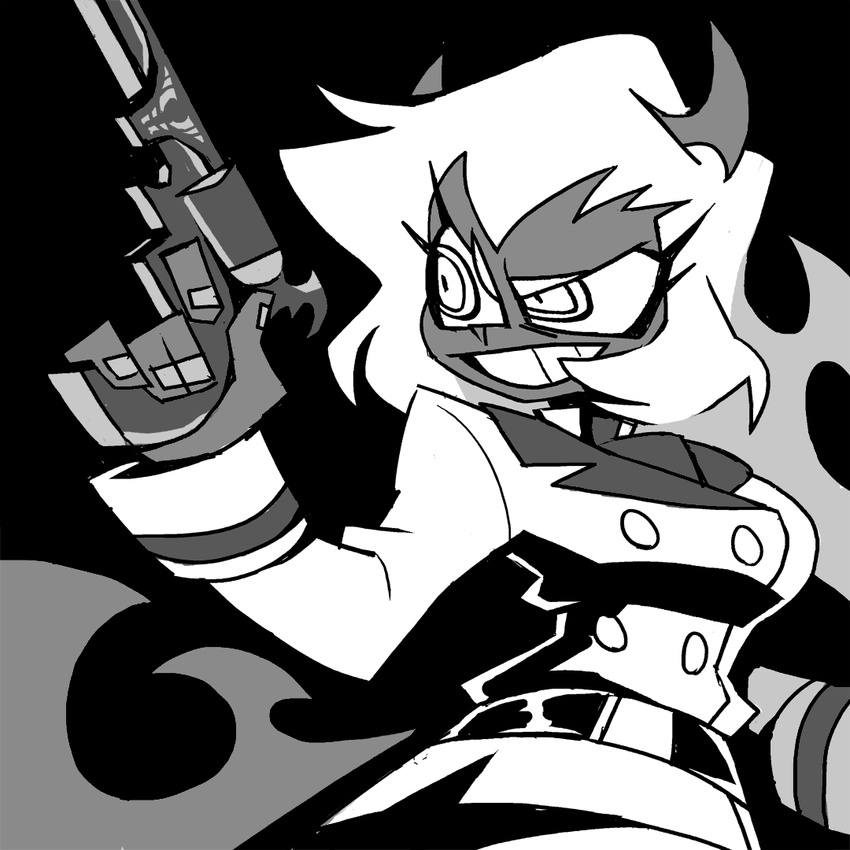 belt buttons commentary dark-skinned_female dark_skin demon demon_horns demon_tail double-breasted female greyscale grin gun handgun holding holding_gun holding_weapon horns jacket long_hair long_sleeves monochrome open_mouth panty_&_stocking_with_garterbelt scanty_(psg) simple_background smile solo tail teeth vanripper weapon