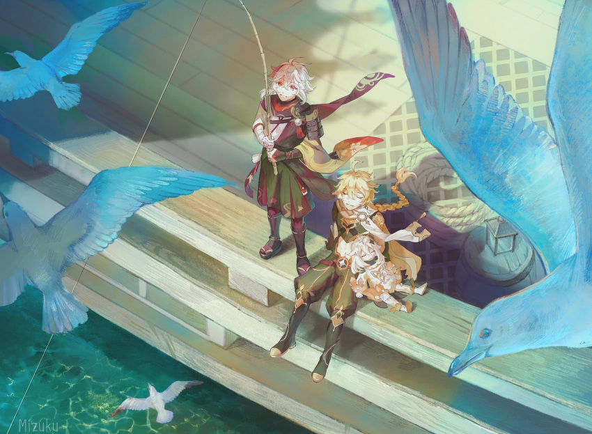 2boys aether_(genshin_impact) ahoge bandaged_hand bandages bird black_gloves blonde_hair braid closed_eyes commentary day dress earrings female fingerless_gloves fishing genshin_impact gloves hair_between_eyes hair_ornament halo highres japanese_clothes jewelry kaedehara_kazuha long_hair mizuku_hei multiple_boys outdoors paimon_(genshin_impact) ponytail red_eyes red_hair romper shadow signature single_earring single_thighhigh sitting sleeping sleeping_upright standing thighhighs water white_dress white_hair white_legwear white_romper