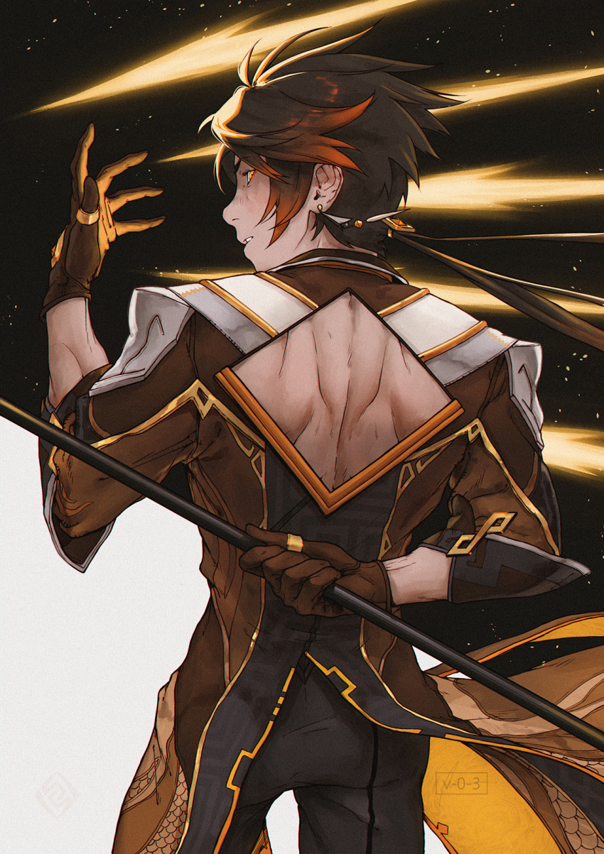 1boy arm_behind_back back brown_gloves brown_hair clothing_cutout diamond_cutout dragon_print genshin_impact gloves gradient_hair highres holding holding_polearm holding_weapon jewelry long_hair male_focus multicolored_hair muscular muscular_male parted_lips polearm ring signature sleeves_rolled_up solo thumb_ring vizerothree weapon yellow_eyes zhongli_(genshin_impact)