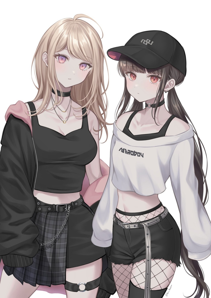 2girls akamatsu_kaede alternate_costume bangs banned_artist blonde_hair breasts brown_hair collarbone danganronpa_(series) danganronpa_v3:_killing_harmony earrings fishnet_legwear fishnets harukawa_maki highres jewelry long_hair long_sleeves looking_at_viewer multiple_girls nabekokoa pleated_skirt red_eyes shirt shorts single_thighhigh skirt thighhighs twintails