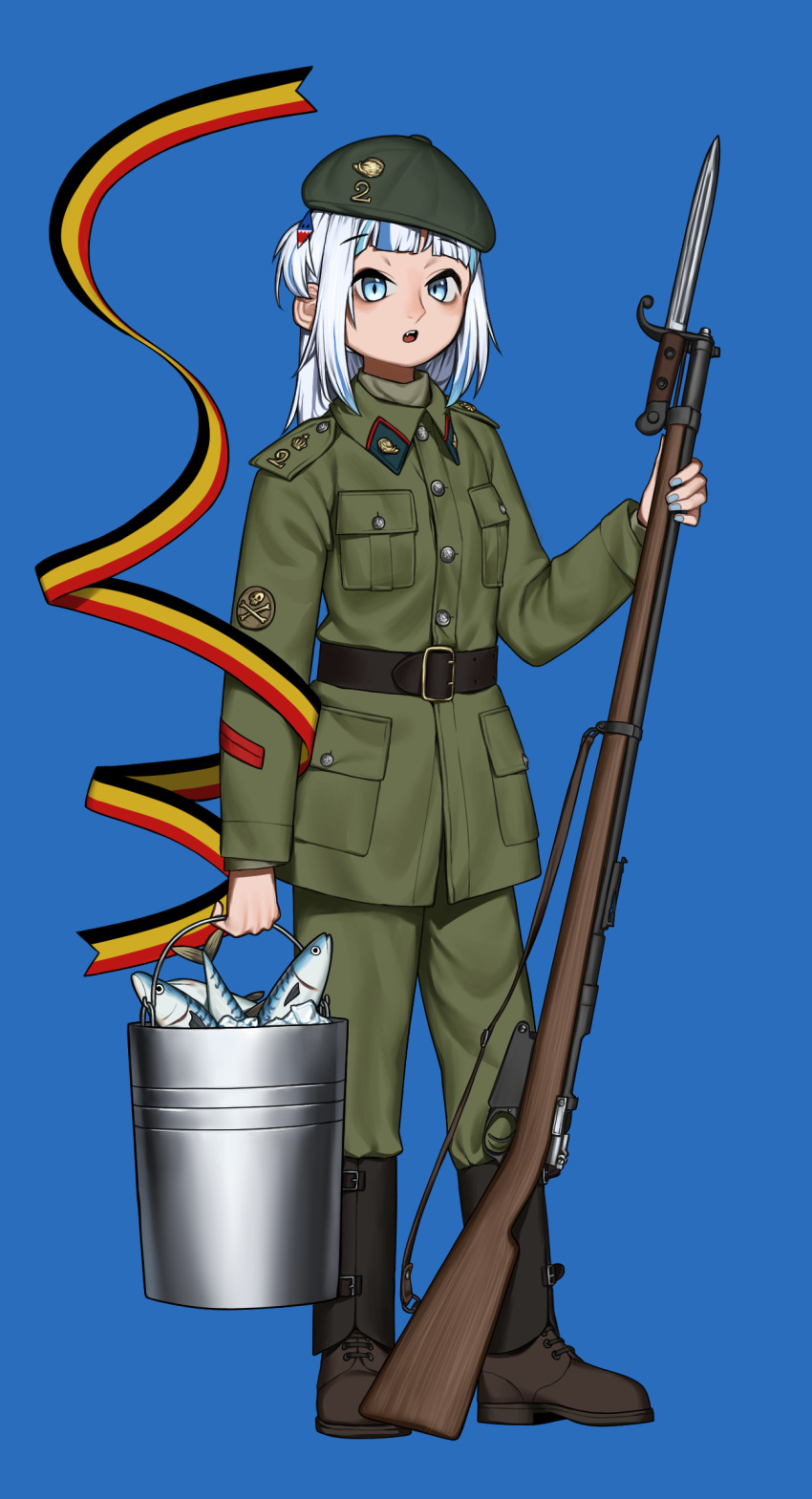 absurdres alternate_costume bayonet belgian_army belgian_flag belgium belt beret blue_background blue_eyes boots bucket chasseurs_ardennais commentary english_commentary female fish food full_body gawr_gura grey_hair gun hat highres holding holding_food hololive hololive_english mauser_model_1889 military military_uniform pzkpfwi ribbon rifle simple_background uniform virtual_youtuber weapon