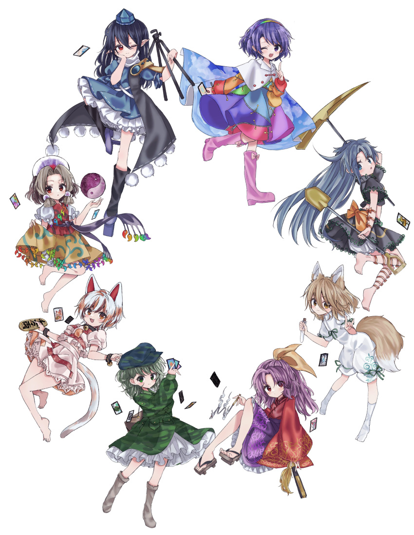 6+girls ;) ;d ability_card_(touhou) absurdres animal_ears bad_id bad_twitter_id barefoot bell black_hair blue_dress blue_headwear boots brown_eyes brown_footwear brown_hair calico camouflage camouflage_shirt camouflage_skirt capelet card cat_ears cat_girl closed_mouth commentary dress eyes_visible_through_hair flat_cap fox_ears fox_girl fox_tail full_body geta goutokuji_mike green_eyes green_hair green_shirt green_skirt grey_eyes grey_footwear grey_hair hair_between_eyes hair_ornament hair_ribbon hairband hat high_heel_boots high_heels highres himemushi_momoyo holding holding_card holding_pickaxe holding_shovel holding_test_tube holding_tripod iizunamaru_megumu japanese_clothes jewelry kimono knee_boots kneehighs komakusa_sannyo kudamaki_tsukasa long_hair looking_at_viewer magatama magatama_necklace maneki-neko multicolored_clothes multicolored_hair multicolored_hairband multicolored_shirt multicolored_skirt multiple_girls neck_bell necklace omoitukanee one_eye_closed open_mouth orb patchwork_clothes pickaxe pink_footwear pom_pom_(clothes) purple_eyes purple_hair purple_skirt red_eyes red_kimono ribbon romper shirt short_hair short_sleeves shoulder_guard shovel sidelocks simple_background skirt smile socks streaked_hair tail tamatsukuri_misumaru tengu-geta tenkyuu_chimata test_tube tokin_hat touhou tripod unconnected_marketeers white_background white_capelet white_hair white_romper white_shirt white_skirt white_socks white_tail yamashiro_takane yellow_ribbon yellow_shirt yellow_tail yin_yang yin_yang_orb