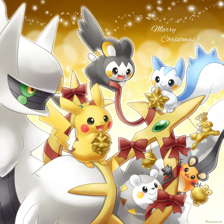 :d applin arceus christmas christmas_ornaments colored_sclera commentary_request dedenne emolga green_sclera happy highres holding merry_christmas no_humans open_mouth pachirisu pikachu pineco pokemon pokemon_(creature) red_ribbon ribbon sasabunecafe seedot smile stantler staryu themed_object togedemaru tongue yellow_eyes