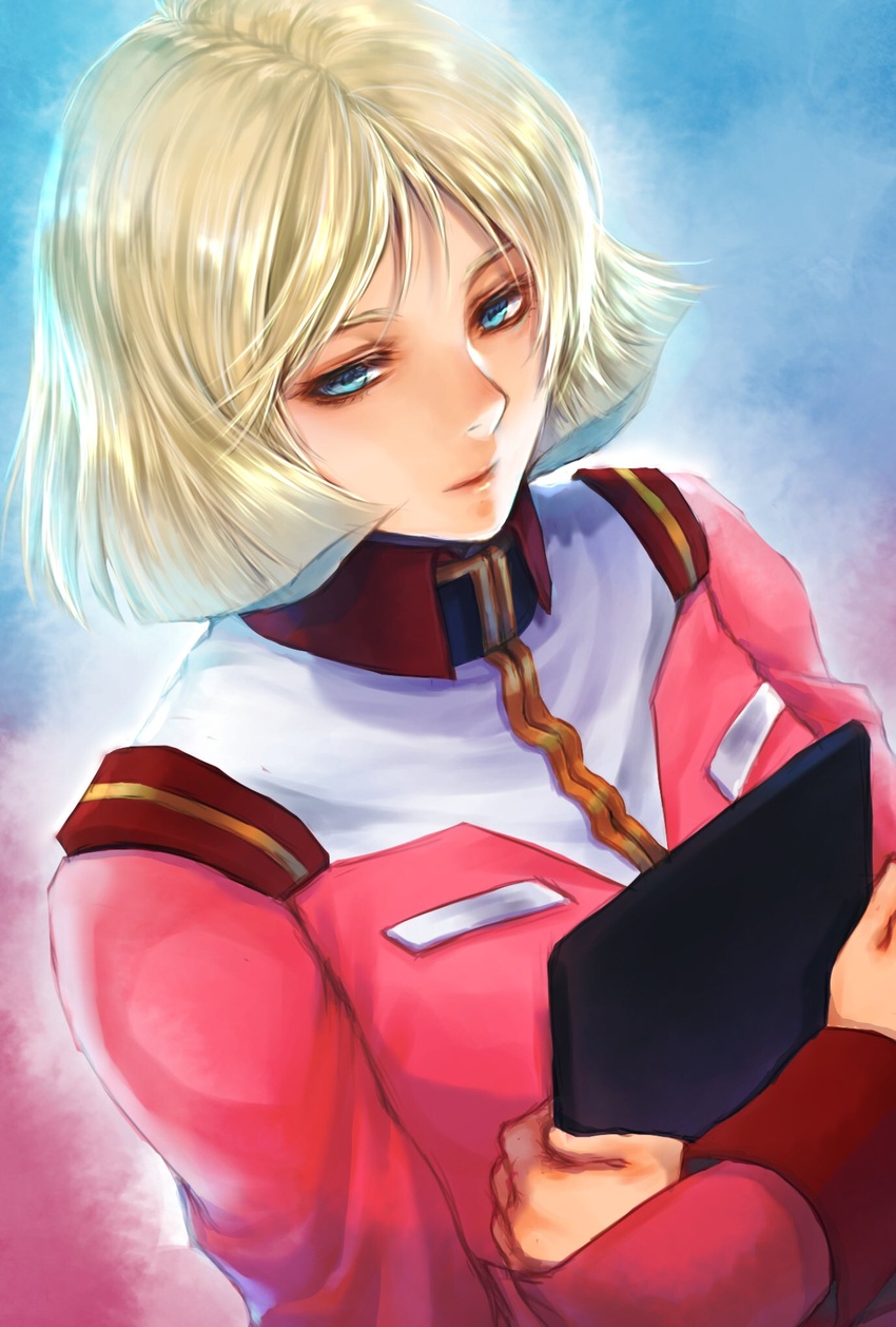 blonde_hair blue_eyes clipboard expressionless eyebrows_hidden_by_hair eyeshadow female floating_hair gundam highres holding holding_clipboard looking_down makeup military military_uniform mobile_suit_gundam parted_bangs red_eyeshadow sayla_mass short_hair solo takeda_yuuko uniform upper_body