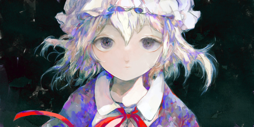 :| absurdres blonde_hair closed_mouth commentary_request dress expressionless female hair_between_eyes hat highres looking_at_viewer maribel_hearn mob_cap neck_ribbon portrait purple_dress red_ribbon ribbon short_hair solo static_eyes straight-on touhou tsukamoto_anabone white_hat