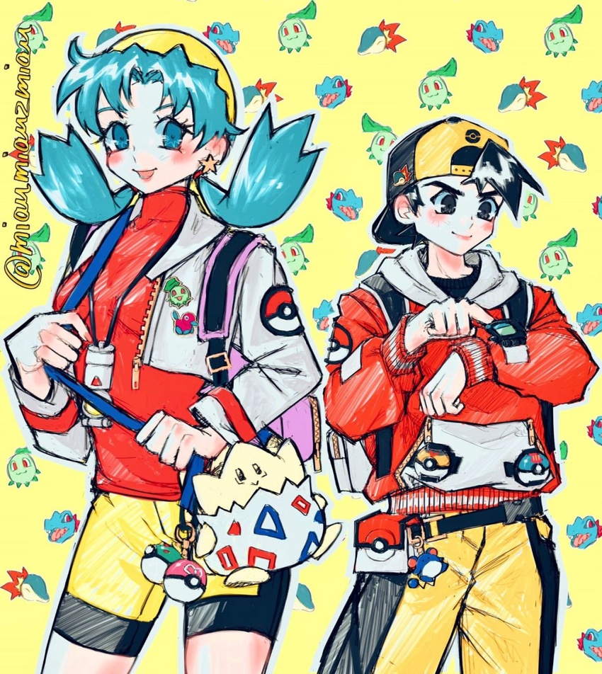 1boy :d backwards_hat baseball_cap blue_eyes blue_hair breasts chikorita closed_mouth commentary cowboy_shot cropped_jacket cyndaquil earrings ethan_(pokemon) female friend_ball great_ball hair_intakes hat highres jacket jewelry kris_(pokemon) legs_apart level_ball long_hair long_sleeves looking_at_viewer love_ball marill open_clothes open_jacket open_mouth outline poke_ball pokegear pokemon pokemon_(creature) pokemon_adventures pokemon_gsc poririna porygon2 short_hair shorts small_breasts smile star_(symbol) star_earrings starter_pokemon_trio symbol-only_commentary togepi turtleneck twintails twitter_username unzipped white_jacket yellow_background yellow_headwear zipper zipper_pull_tab