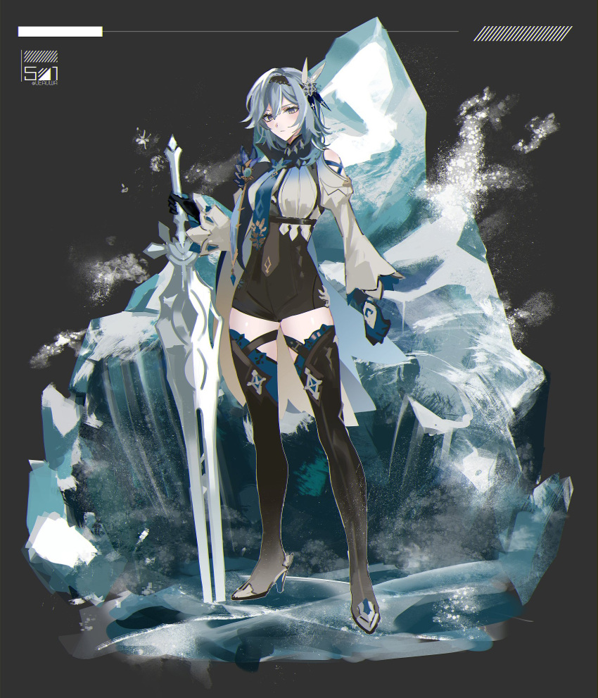 aqua_hair bad_id bad_twitter_id black_footwear black_hairband black_shorts blue_eyes blue_necktie boots breasts clothing_cutout eula_(genshin_impact) female full_body genshin_impact gloves greatsword hair_between_eyes hair_ornament hairband high-waist_shorts highres holding holding_sword holding_weapon ice long_sleeves necktie shorts shoulder_cutout simple_background solo standing sword thigh_boots thighhighs ueauwa vision_(genshin_impact) weapon