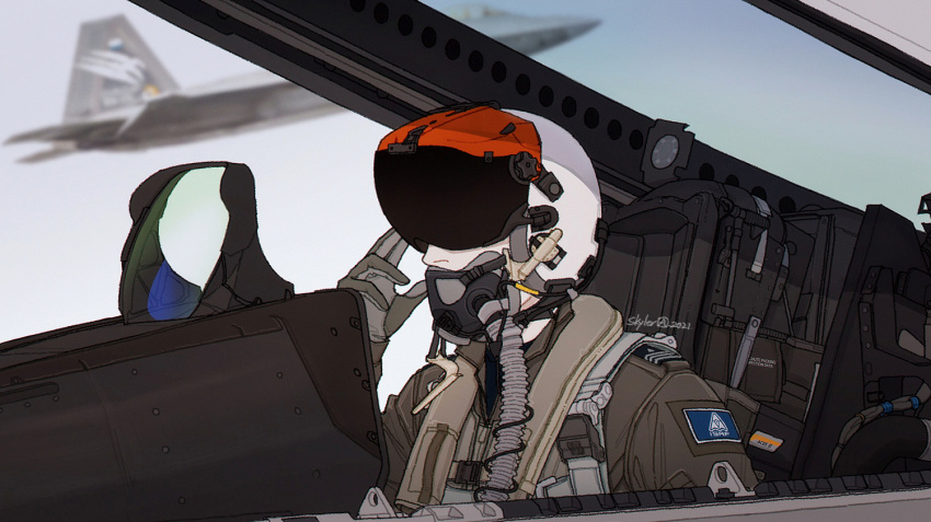 1boy ace_combat aircraft airplane canopy cockpit ejection_seat emblem f-22_raptor fighter_jet gloves harness insignia isaf jet md5_mismatch military military_vehicle mobius_1 oxygen_mask patch pilot pilot_helmet pilot_suit signature skyleranderton trigger_(ace_combat)