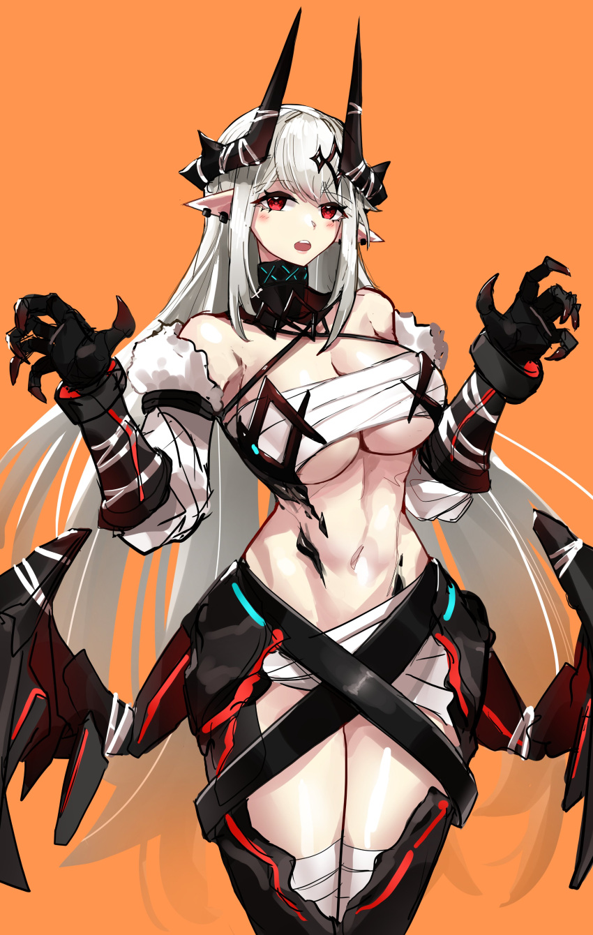 absurdres arknights bandages breasts casul chest_sarashi clawed_gauntlets demon_horns ear_piercing female gauntlets hair_between_eyes hair_ornament highres horns large_breasts long_hair material_growth mudrock_(arknights) navel orange_background oripathy_lesion_(arknights) piercing pointy_ears red_eyes revealing_clothes sarashi simple_background solo stomach white_hair