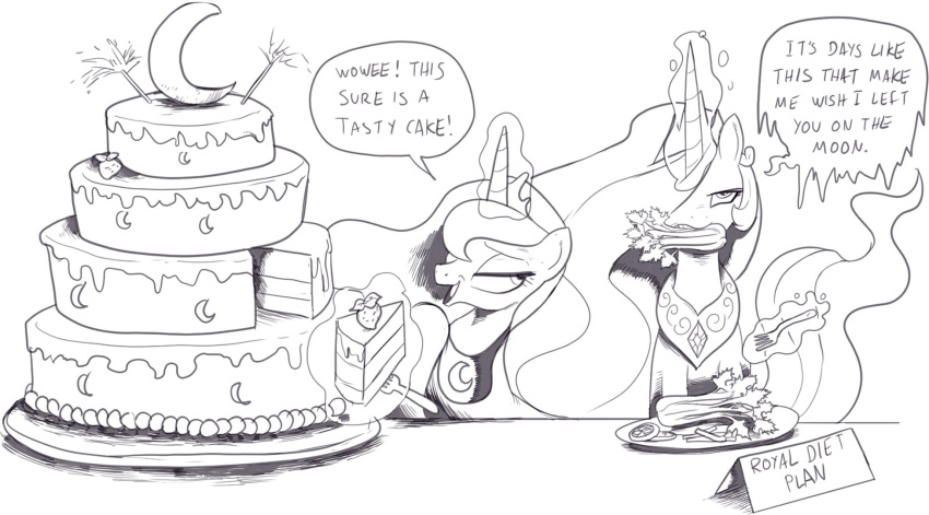 alicorn annoyed cake celery crown cutlery dessert duo english_text equid equine food fork friendship_is_magic fruit half-closed_eyes hasbro headgear hi_res horn kitchen_utensils magic mammal monochrome my_little_pony mythological_creature mythological_equine mythology narrowed_eyes nauyaco plant plate princess_celestia_(mlp) princess_luna_(mlp) smile strawberry text tools vegetable wings