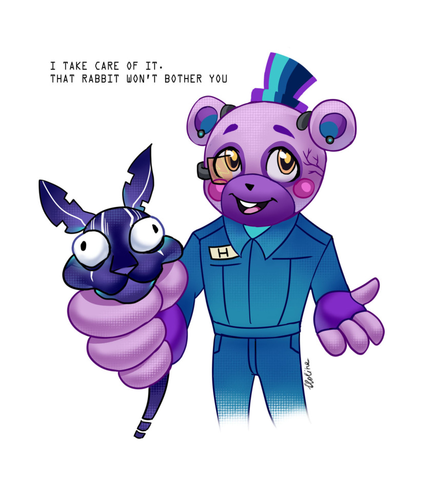 2023 anthro bear blue_clothing clothed clothing corrupted dialogue digital_creature digital_media_(artwork) duo english_text fingerless_gloves five_nights_at_freddy's five_nights_at_freddy's:_security_breach five_nights_at_freddy's:_security_breach_ruin gloves half-length_portrait handwear hat headgear headwear helpi_(fnaf) hi_res lagomorph leporid lloline male mammal mxes_(fnaf) open_mouth portrait rabbit scottgames simple_background squeezing steel_wool_studios text top_hat watermark white_background yellow_eyes