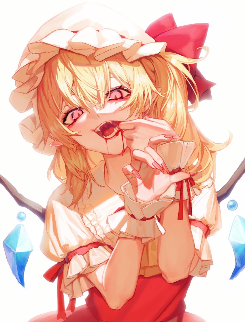 blonde_hair blood blood_from_mouth bow commentary crystal fangs female finger_in_own_mouth fingernails flandre_scarlet frilled_shirt_collar frilled_sleeves frills grey_background hands_up hat highres looking_at_viewer medium_hair mob_cap open_mouth pink_eyes pink_nails pointy_ears puffy_sleeves red_bow red_eyes red_nails ribbon sharp_fingernails short_sleeves simple_background solo teeth touhou tunamayo_(dsasd751) upper_body white_background white_hat wings wrist_cuffs