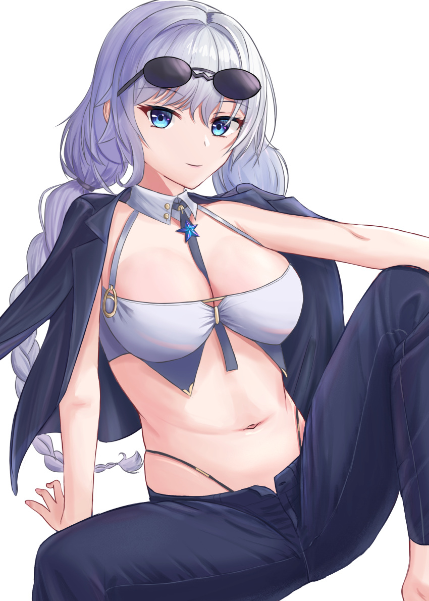 absurdres arm_support avrora_(azur_lane) avrora_(not_cut_out_for_this?)_(azur_lane) azur_lane bad_id bad_pixiv_id barefoot between_breasts black_jacket black_pants blue_eyes braid breasts cleavage closed_mouth commentary detached_collar eyewear_on_head female hair_between_eyes highleg highleg_panties highres jacket jacket_on_shoulders large_breasts long_hair looking_at_viewer navel necktie necktie_between_breasts official_alternate_costume panties pants shirt sidelocks simple_background sitting sleeveless sleeveless_shirt smile solo stomach sunglasses twin_braids underwear very_long_hair white_background white_shirt yamamoto_warabi