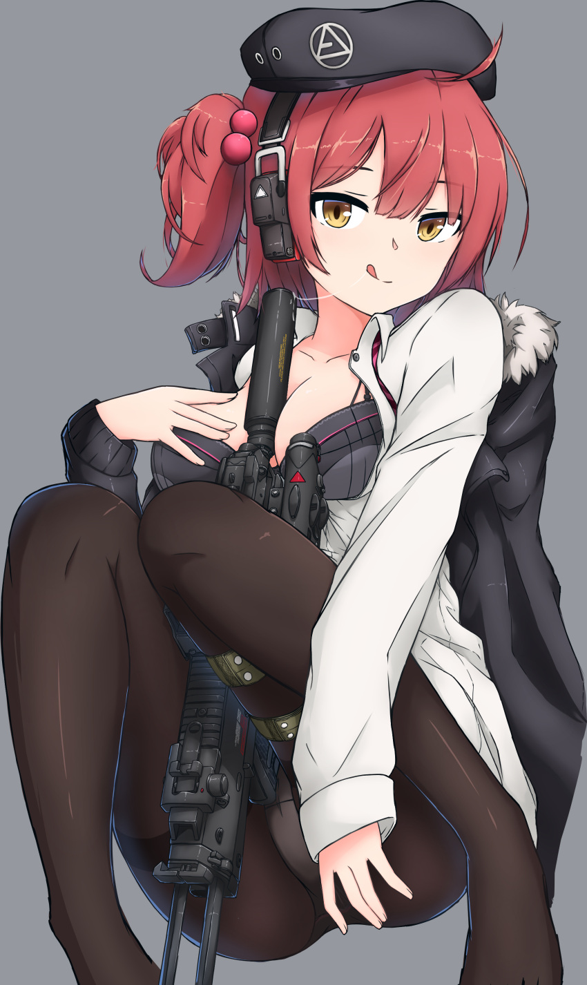 absurdres ahoge beret breasts female girls'_frontline gun h&k_mp7 hat highres medium_breasts mp7_(girls'_frontline) pantyhose partially_undressed red_hair saliva saliva_trail short_hair solo submachine_gun tongue tongue_out weapon xandier59 yellow_eyes