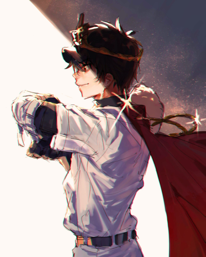 1boy ace_of_diamond baseball_jersey baseball_uniform belt black_belt brown_eyes brown_hair cape closed_mouth crown fur-trimmed_cape fur_trim highres iiiki_4u jersey male_focus pants red_cape sawamura_eijun short_hair smile solo sportswear visor_cap white_pants