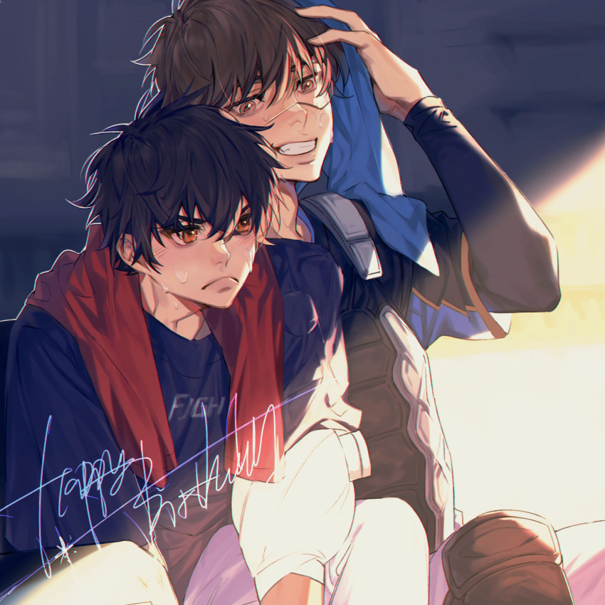 2boys ace_of_diamond baseball_jersey baseball_uniform blush brown_eyes brown_hair chest_protector closed_mouth highres holding holding_towel iiiki_4u jersey knee_pads male_focus miyuki_kazuya multiple_boys pants sawamura_eijun short_hair sitting smile sportswear sunlight sweat sweatdrop teeth towel towel_around_neck visor white_pants