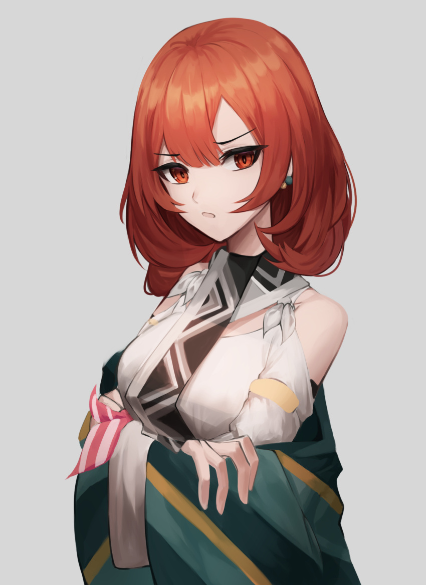 bad_id bad_pixiv_id black_survival breasts commentary earrings female highres jewelry korean_commentary looking_at_viewer mea_(hwaksal) medium_breasts medium_hair nose open_mouth orange_eyes orange_hair simple_background solo tran_quynh_mai upper_body white_background