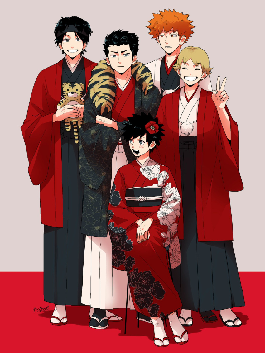 4boys ^_^ black_coat black_hair black_hakama black_legwear blonde_hair blue_eyes blush chinese_zodiac closed_eyes closed_mouth coat crossed_arms facing_viewer female floral_print flower full_body furisode grey_background grin hair_flower hair_ornament hakama hand_up haori haori_himo highres holding holding_stuffed_toy hosoi_maori ikoma_tatsuhito japanese_clothes kimono long_sleeves looking_at_another looking_at_viewer looking_away looking_to_the_side minamisawa_kai mizukami_satoshi_(world_trigger) mole mole_under_eye multiple_boys new_year obi oki_kouji open_mouth orange_eyes orange_hair own_hands_together parted_bangs parted_lips red_coat red_flower red_kimono red_theme rism02682 sandals sash shadow shawl short_hair sitting smile standing stuffed_animal stuffed_tiger stuffed_toy swept_bangs tabi tiger_stripes v white_coat white_legwear wide_sleeves world_trigger year_of_the_tiger zouri