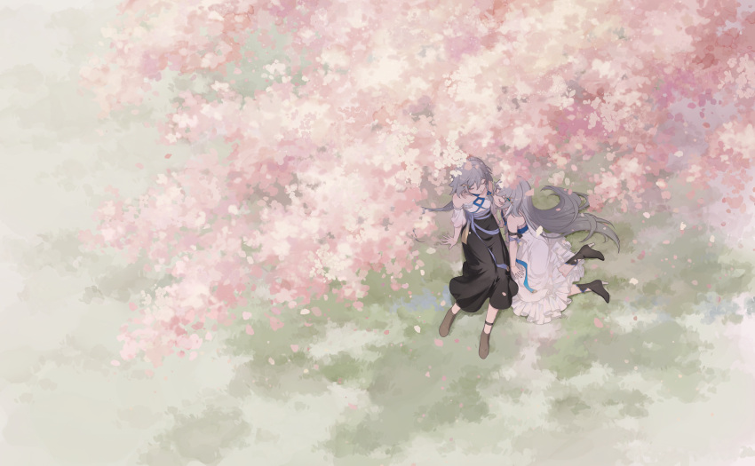 2girls absurdres bare_shoulders cherry_blossoms closed_eyes dress flower fu_hua fu_hua_(herrscher_of_sentience) grass grasslands grey_hair highres honkai_(series) honkai_impact_3rd long_hair multiple_girls rafaelaaa scenery sitting skirt sleeveless sleeveless_dress spring_(season) tree