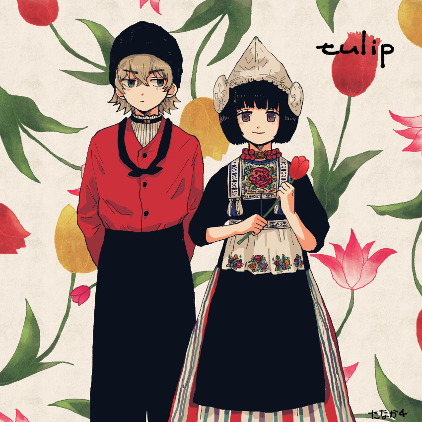 1boy amatori_chika arms_behind_back black_dress black_hair black_headwear black_pants blunt_bangs bob_cut brown_hair crossed_bangs dress ema_yuzuru english_text female flipped_hair floral_background flower green_eyes hair_between_eyes hat highres holding holding_flower jacket jewelry long_sleeves looking_at_another looking_at_viewer looking_away necklace pants purple_eyes red_jacket rism02682 short_hair sideways_glance sleeves_past_elbows smile standing straight-on tulip white_headwear world_trigger