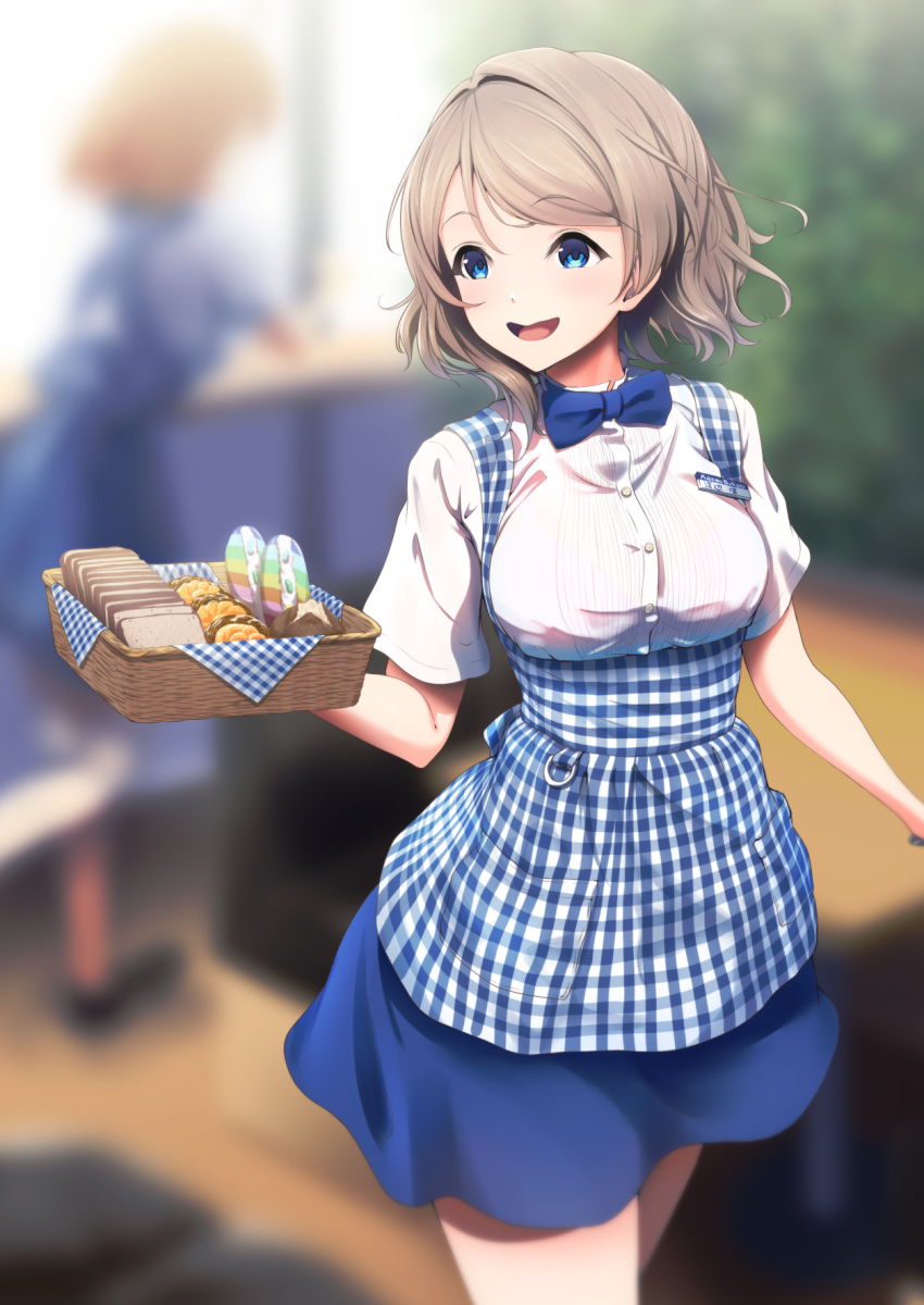 amagi_(volfuji) apron basket blue_apron blue_bow blue_bowtie blue_eyes blue_skirt blurry blurry_background bow bowtie bread breasts brown_hair chair checkered_apron checkered_clothes commentary cookie cowboy_shot employee_uniform female food gingham_apron grey_hair high-waist_skirt highres holding holding_basket kobeya kobeya_uniform love_live! love_live!_sunshine!! medium_breasts open_mouth plaid plaid_apron pleated_shirt short_hair skirt smile table uniform waitress watanabe_you