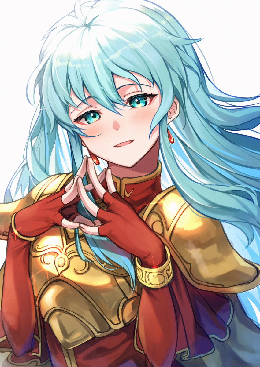 aqua_eyes aqua_hair armor armored_dress blush bracelet breastplate commentary_request dress earrings eirika_(fire_emblem) female fingerless_gloves fire_emblem fire_emblem:_the_sacred_stones floating_hair gloves gold_armor hair_between_eyes highres jewelry long_hair long_sleeves looking_at_viewer nakabayashi_zun open_mouth own_hands_together parted_lips red_dress red_gloves shoulder_armor sidelocks smile solo tongue upper_body