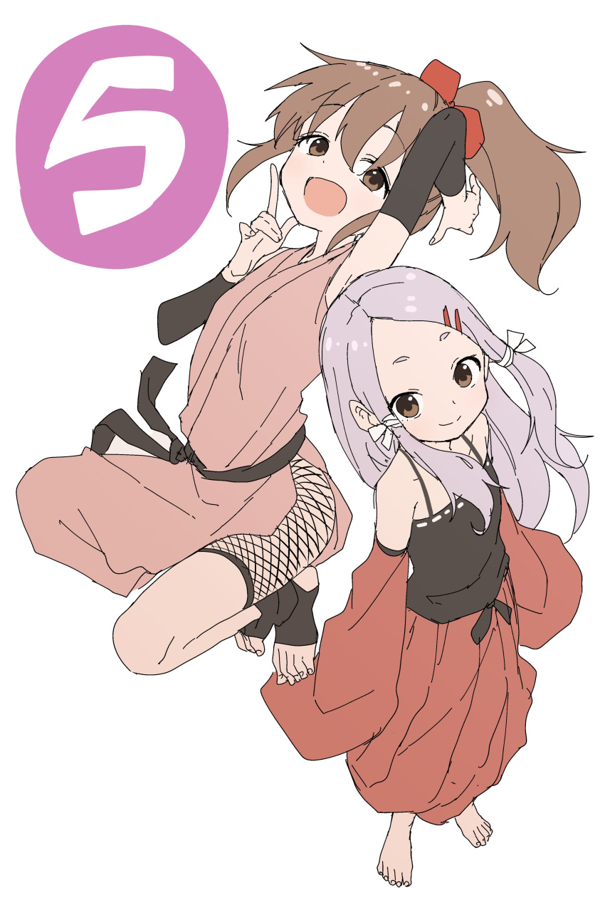 2girls absurdres ajisai_(kunoichi_tsubaki_no_mune_no_uchi) armpits bare_shoulders barefoot black_camisole bow brown_eyes brown_hair camisole commentary_request detached_sleeves fishnets forehead grey_hair hair_between_eyes hair_ornament hairbow hairclip hakama hakama_skirt highres hinagiku_(kunoichi_tsubaki_no_mune_no_uchi) japanese_clothes kimono kunoichi_tsubaki_no_mune_no_uchi long_hair long_sleeves multiple_girls parted_bangs pink_kimono ponytail red_bow red_hakama red_sleeves short_eyebrows short_shorts shorts simple_background skirt sleeveless sleeveless_kimono sleeves_past_fingers sleeves_past_wrists standing thick_eyebrows toeless_legwear very_long_hair white_background wide_sleeves yamamoto_souichirou