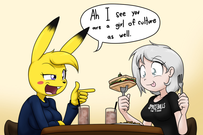 2021 ally_(sandwich-anomaly) anthro beverage big_breasts blonde_hair breasts buckteeth cadia_(sandwich-anomaly) cutlery dialogue digital_drawing_(artwork) digital_media_(artwork) duo english_text eyelashes female fingers food fork fries fur generation_1_pokemon grey_eyes grey_hair hair human kitchen_utensils licking licking_lips light-skinned_female light_body light_skin long_sleeve_shirt mammal nintendo open_mouth pikachu pokemon pokemon_(species) purple_eyes sandwich-anomaly sandwich_(food) short_hair simple_background sitting smile spaceballs spoon teeth text tongue tongue_out tools yellow_body yellow_fur