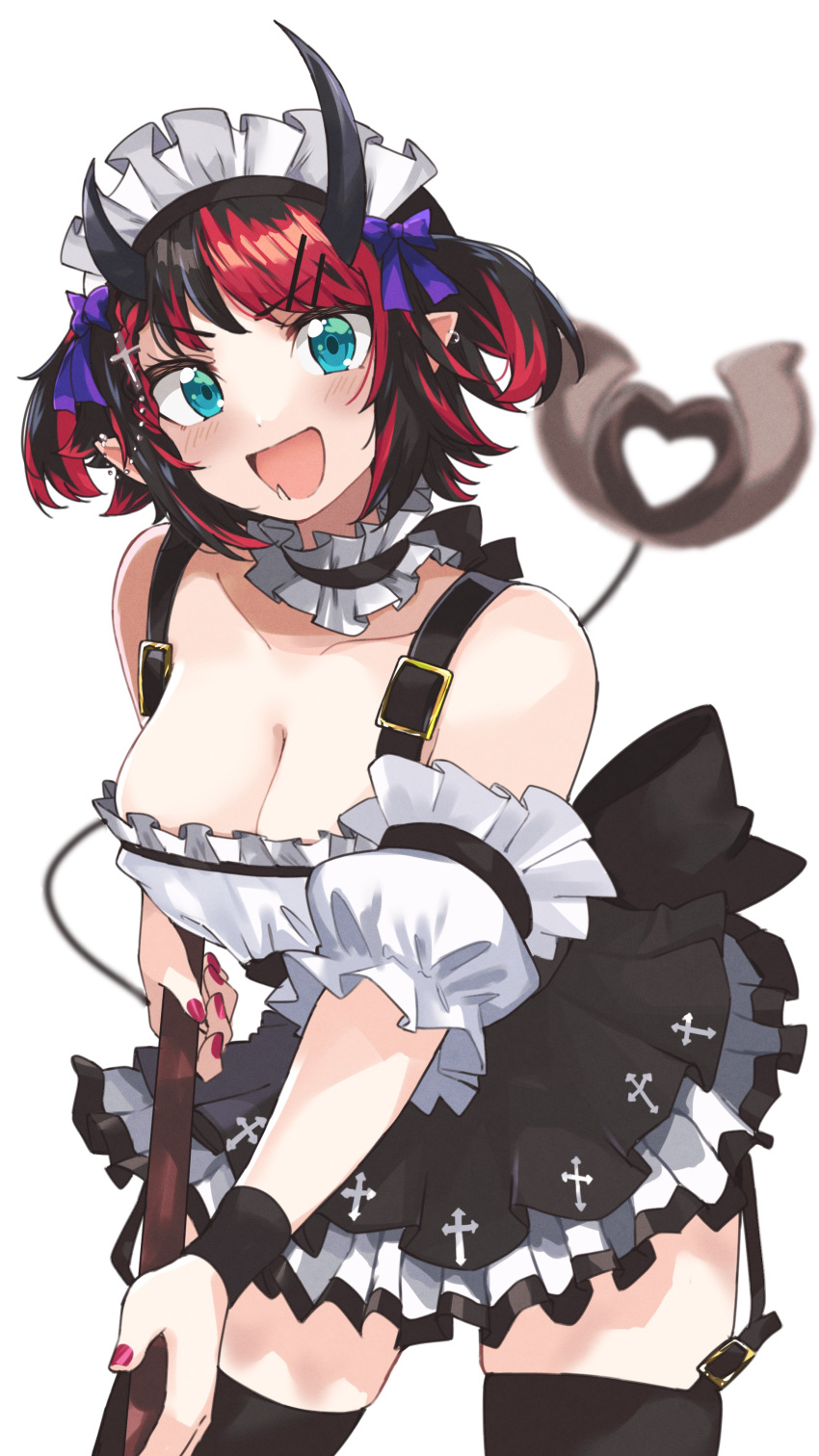 :d absurdres alternate_costume alternate_hairstyle back_bow black_bow black_choker black_hair black_horns black_skirt black_thighhighs blue_eyes bow breasts choker cleavage commentary_request cowboy_shot cross_print demon_girl demon_horns demon_tail detached_sleeves ear_piercing earrings enmaided female frilled_choker frilled_sleeves frills garter_straps hairbow highres horns jewelry large_breasts looking_at_viewer maid maid_headdress milestone_celebration miniskirt multicolored_hair nanashi_inc. open_mouth piercing pleated_skirt pointy_ears purple_bow red_hair red_nails ryugasaki_rene short_hair simple_background skirt smile solo sugar_lyric tail thighhighs translation_request two-tone_hair two_side_up virtual_youtuber white_background white_sleeves zono_(inokura_syuzo029)