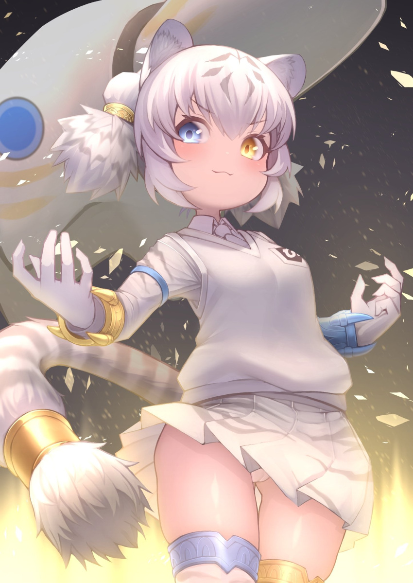 >:) akuma_(st.takuma) animal_ears animal_print armlet blue_eyes bracelet byakko_(kemono_friends) cameltoe cat_girl closed_mouth clothes_lift collared_shirt female fingernails grey_hair hair_rings hands_up heterochromia highres japari_symbol jewelry kemono_friends looking_at_viewer medium_hair microskirt multicolored_hair necktie panties pleated_skirt print_skirt print_sleeves sharp_fingernails shirt skindentation skirt skirt_lift smile solo sweater_vest tail thigh_gap thighhighs tiger_ears tiger_girl tiger_print tiger_tail two-tone_hair underwear v-shaped_eyebrows white_hair wind wind_lift wing_collar yellow_eyes