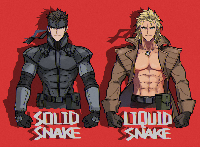 2boys abs bare_pectorals belt belt_pouch black_gloves blonde_hair blue_eyes brothers brown_gloves brown_hair character_name chromatic_aberration coat collarbone commentary_request different_shadow dog_tags earrings film_grain gloves highres jewelry liquid_snake long_sleeves looking_at_viewer male_focus mayuzumi metal_gear_(series) metal_gear_solid multiple_boys muscular muscular_male pectorals pouch red_background serious short_hair siblings simple_background single_earring smirk solid_snake topless_male