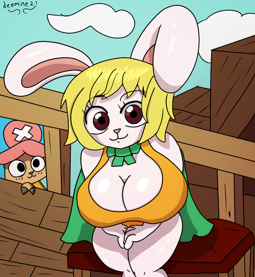 absurd_res anthro big_breasts blonde_hair blush breasts carrot_(one_piece) clothed clothing deer dezmine21 duo female fur hair headgear headwear hi_res horn huge_breasts lagomorph leporid male mammal minkmen_(one_piece) new_world_deer one_piece outside rabbit reindeer simple_background tony_tony_chopper white_body white_fur