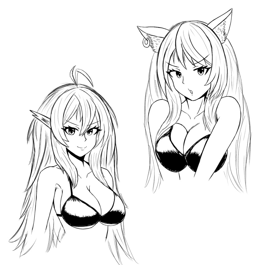 >:) 2girls alternate_costume animal_ear_fluff animal_ears antenna_hair arknights bare_shoulders bikini breasts cat_ears cleavage collarbone commentary cropped_torso earrings english_commentary eyelashes gavial_(arknights) greyscale highres jewelry kentumatsu large_breasts long_hair looking_at_viewer monochrome multiple_girls parted_lips pointy_ears simple_background skyfire_(arknights) smile swimsuit upper_body v-shaped_eyebrows white_background