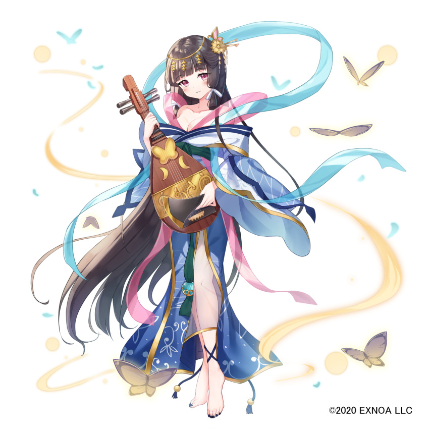 animal biwa_lute black_hair black_nails blue_kimono blush breasts bug butterfly character_request cleavage closed_mouth commentary_request copyright_notice female flower fortress_girl full_body hair_flower hair_ornament highres holding holding_instrument instrument japanese_clothes kimono long_hair looking_at_viewer lute_(instrument) medium_breasts nail_polish off_shoulder official_art purple_eyes simple_background smile solo toenail_polish toenails toes tsukiman very_long_hair watermark white_background white_kimono yellow_flower