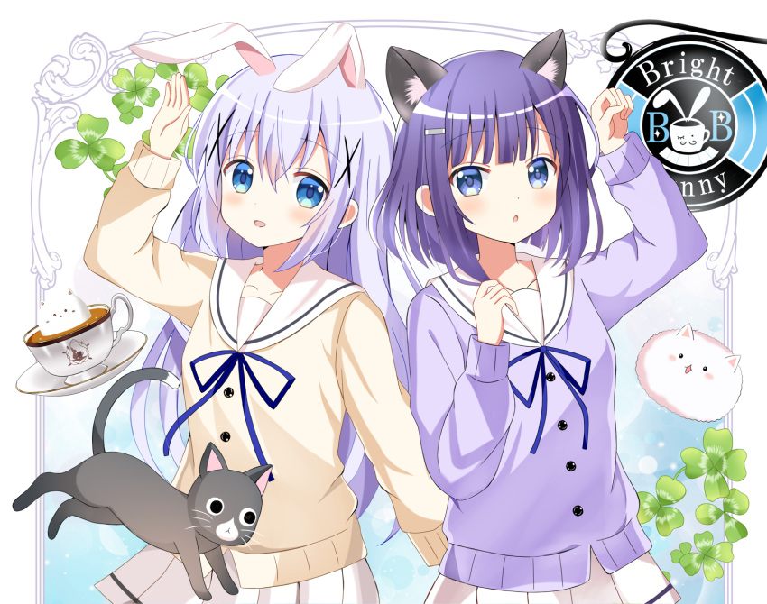 2girls :d :o animal_ears anko_(gochiusa) arm_up blue_eyes blue_ribbon blush brown_shirt cat_ears commentary cup fuiba_fuyu gochuumon_wa_usagi_desu_ka? hair_between_eyes hair_ornament hairclip highres kafuu_chino kemonomimi_mode long_hair long_sleeves looking_at_viewer multiple_girls neck_ribbon open_mouth parted_lips paw_pose pink_shirt pleated_skirt purple_hair rabbit_ears ribbon ryoutan sailor_collar school_uniform serafuku shirt skirt smile tippy_(gochiusa) transparent_background very_long_hair white_sailor_collar white_skirt x_hair_ornament