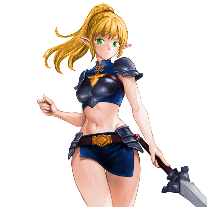 armor belt blonde_hair blue_skirt boobplate breasts closed_mouth covered_nipples elf female floating_hair frown green_eyes highres holding holding_sword holding_weapon long_hair medium_breasts minamoto80486 miniskirt navel pointy_ears purple_belt shoulder_armor simple_background skirt solo sword thighs weapon white_background wizardry