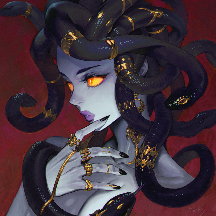 artist_name black_nails black_snake chains collarbone colored_sclera commentary earrings female finger_to_mouth fingernails gold_chain greek_mythology highres jewelry lips living_hair long_fingernails looking_away medusa_(mythology) monster_girl morry orange_eyes pale_skin parted_lips portrait purple_lips red_background ring signature snake snake_hair symbol-only_commentary yellow_sclera