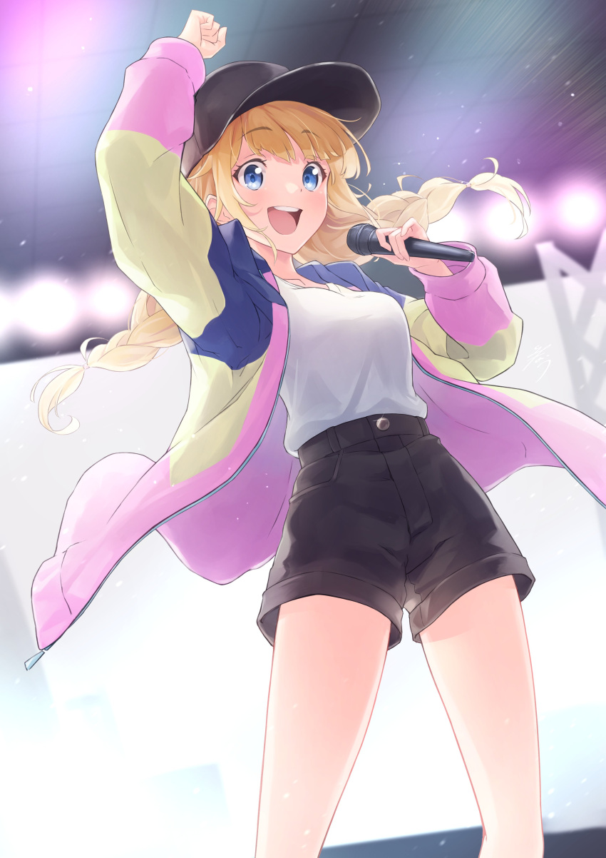 absurdres baseball_cap black_hat black_shorts blonde_hair blue_eyes blunt_bangs braid clenched_hand female hat highres holding holding_microphone jacket long_hair long_sleeves microphone minau37 multicolored_clothes multicolored_jacket open_clothes open_jacket paripi_koumei shirt shorts solo stage stage_lights tsukimi_eiko twin_braids white_shirt