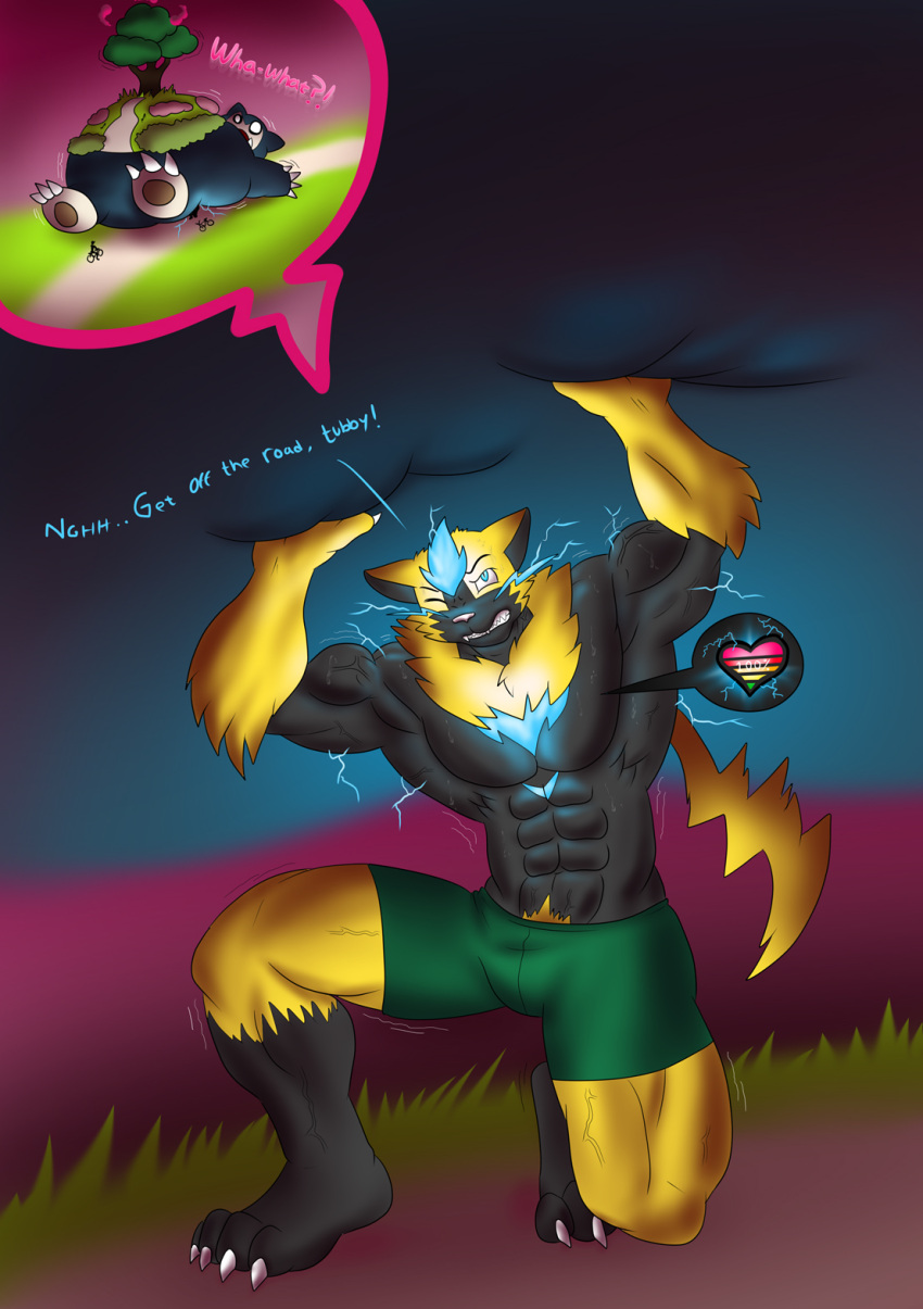 anthro avoid_posting clothed clothing feat_of_strength felid feline feral flameydragwasp generation_1_pokemon generation_7_pokemon generation_8_pokemon gigantamax_pokemon gigantamax_snorlax group hi_res kintaro_the_zeraora legendary_pokemon macro male mammal muscular muscular_anthro muscular_male nintendo pokemon pokemon_(species) snorlax topless topless_anthro topless_male zeraora