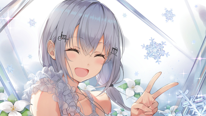 :d absurdres blush closed_eyes facing_viewer female flower grey_hair hair_ornament hairclip hakase_fuyuki hand_up highres long_hair nijisanji shima46 smile snowflakes solo twintails v virtual_youtuber white_flower