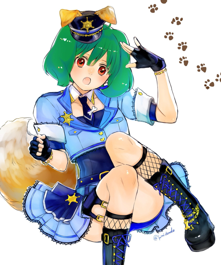 :o animal_ears boots bracelet cross-laced_footwear detached_collar dog_ears dog_tail female fingerless_gloves fishnet_socks fishnets gloves green_hair hat highres jewelry kimidori_(kimidoriri) lace-up_boots macross macross_frontier police police_hat police_uniform ranka_lee skirt socks solo tail uniform upskirt