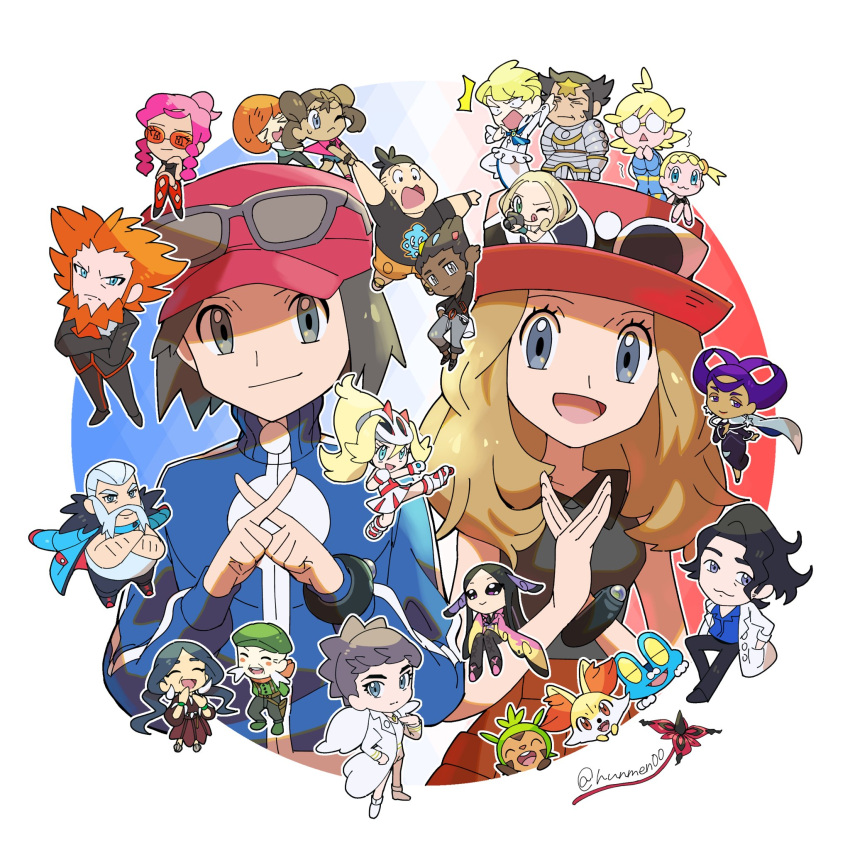 6+boys 6+girls ^^^ augustine_sycamore baseball_cap blue_jacket bonnie_(pokemon) bracelet breasts calem_(pokemon) chespin chibi clemont_(pokemon) closed_mouth collared_shirt commentary diantha_(pokemon) drasna_(pokemon) eyelashes eyewear_on_headwear fennekin froakie grant_(pokemon) grey_eyes hat highres hungry_seishin jacket jewelry long_hair long_sleeves looking_at_viewer lysandre_(pokemon) malva_(pokemon) multiple_boys multiple_girls pokemon pokemon_(creature) pokemon_xy ramos_(pokemon) red_headwear red_skirt serena_(pokemon) shauna_(pokemon) shirt siebold_(pokemon) sitting skirt sleeveless sleeveless_shirt smile sunglasses tierno_(pokemon) trembling trevor_(pokemon) turtleneck turtleneck_jacket valerie_(pokemon) viola_(pokemon) wikstrom_(pokemon)