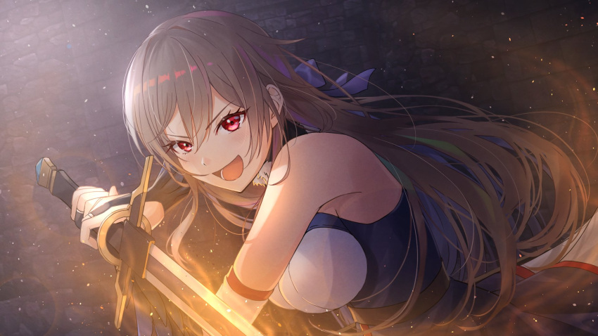 :d bare_shoulders blue_dress blush breasts bridal_gauntlets brown_hair dress female furen_e_lustario furen_e_lustario_(1st_costume) hair_between_eyes highres holding holding_sword holding_weapon large_breasts light_particles long_hair looking_at_viewer nijisanji red_eyes shima46 smile solo sword v-shaped_eyebrows very_long_hair virtual_youtuber weapon