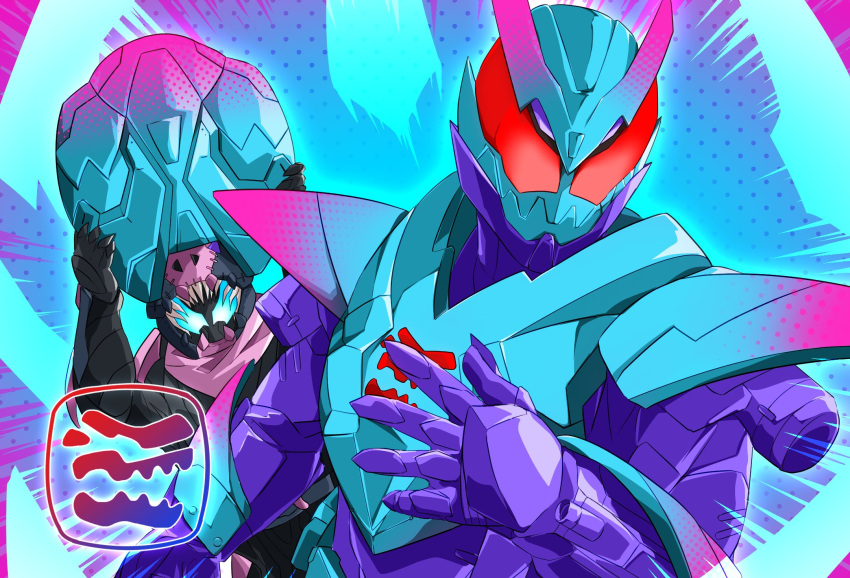 2boys armor barid_rex barid_rex_vistamp bird black_nails blue_armor blue_eyes bodysuit clenched_hand cowboy_shot demon_boy dinosaur fingernails gloves glowing glowing_eyes highres horns kamen_rider kamen_rider_revi kamen_rider_revice kamen_rider_vice looking_at_viewer male_focus miyabi_(037) monster_boy multiple_boys pink_horns pink_scarf purple_gloves red_eyes reiwa rex_genome scarf shaded_face sharp_fingernails sharp_teeth shield stamp_mark teeth tyrannosaurus_rex upper_body