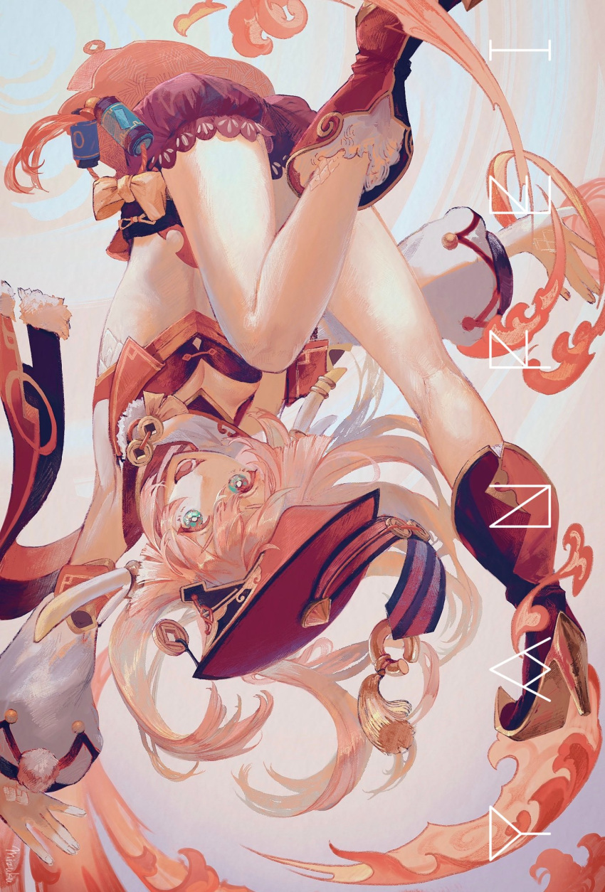 antenna_hair aqua_eyes boots character_name crop_top detached_sleeves female genshin_impact hat high_heel_boots high_heels highres long_hair looking_at_viewer mizuku_hei open_mouth pink_hair red_footwear red_hat red_shorts shorts solo tassel upside-down yanfei_(genshin_impact)