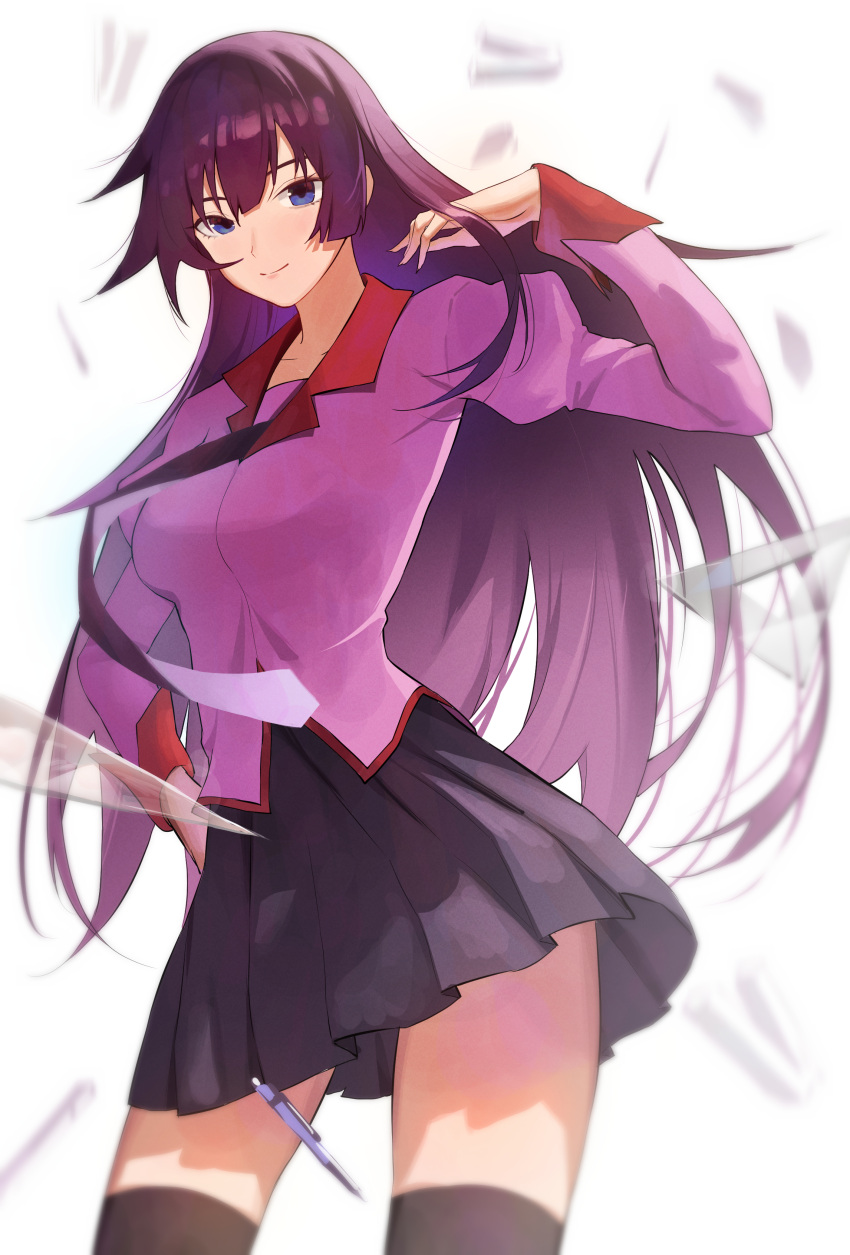 absurdres arched_back bakemonogatari blue_eyes blue_skirt blurry blurry_background blurry_foreground breasts closed_mouth collarbone commentary cowboy_shot depth_of_field english_commentary female hand_on_own_hip hand_up highres juliet_sleeves long_hair long_sleeves mechanical_pencil medium_breasts monogatari_(series) naoetsu_high_school_uniform pat_bharasarn pencil pink_shirt pleated_skirt puffy_sleeves purple_hair school_uniform senjougahara_hitagi shadow shirt sidelocks skirt smile solo stapler thighs