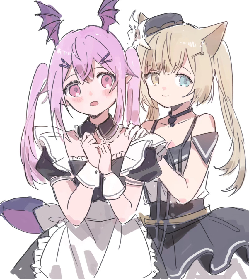 2girls :o alternate_costume animal_ears apron arknights bare_shoulders blue_eyes blush brown_hair cat_ears cat_girl choker closed_mouth detached_collar dress embarrassed enmaided flower hair_flower hair_ornament hand_on_another's_shoulder hat head_wings heterochromia highres long_hair maid maid_apron manticore_(arknights) multiple_girls nightmare_(arknights) nightmare_(light_and_shadow)_(arknights) off-shoulder_dress off_shoulder official_alternate_costume official_alternate_hairstyle purple_eyes purple_hair red_medicine side_ponytail simple_background twintails white_background wing_ears wings yellow_eyes