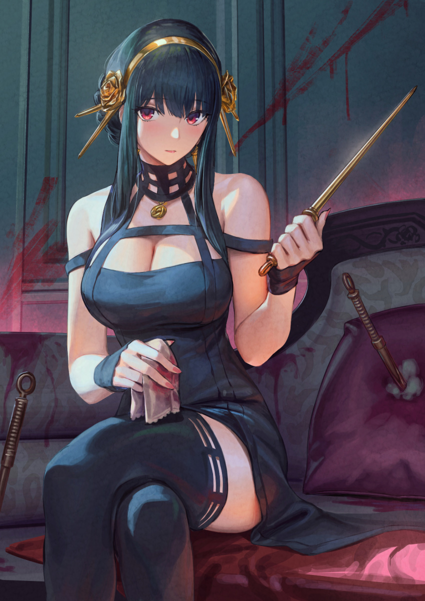 bare_shoulders black_dress black_gloves black_hair black_thighhighs blood blood_on_wall blush breasts cleaning cleaning_weapon cleavage closed_mouth couch crossed_legs cushion dagger dress female fingerless_gloves flower gesoking gloves gold_hairband hair_flower hair_ornament hairband hand_up handkerchief highres holding holding_dagger holding_handkerchief holding_knife holding_towel holding_weapon knife large_breasts looking_at_viewer off-shoulder_dress off_shoulder on_couch planted planted_knife red_eyes rose sitting solo spikes spy_x_family thighhighs towel weapon yor_briar zettai_ryouiki