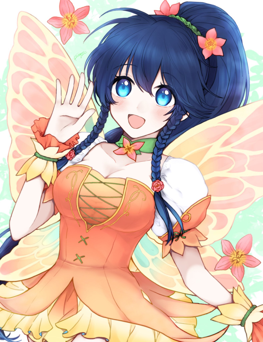 :d blue_eyes blue_hair braid breasts butterfly_wings cleavage collarbone dress fake_wings female fire_emblem fire_emblem:_the_sacred_stones fire_emblem_heroes flower hair_flower hair_ornament highres insect_wings large_breasts misato_hao open_mouth pegasus_knight_uniform_(fire_emblem) ponytail short_sleeves side_braids smile tana_(fire_emblem) tana_(resplendent)_(fire_emblem) twin_braids wings wrist_cuffs