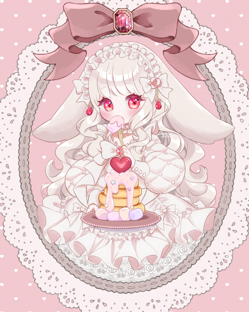 :o absurdres animal_ears bad_id bad_pixiv_id blonde_hair blush bow collar detached_collar female flower food fork frilled_collar frills gem hairband heart highres holding holding_fork holding_plate icing lolita_fashion lolita_hairband long_hair long_sleeves looking_to_the_side marshmallow original pancake petticoat pink_eyes plate quilted_clothes rabbit_ears rose signature solo very_long_hair wavy_hair yume_harukasumi